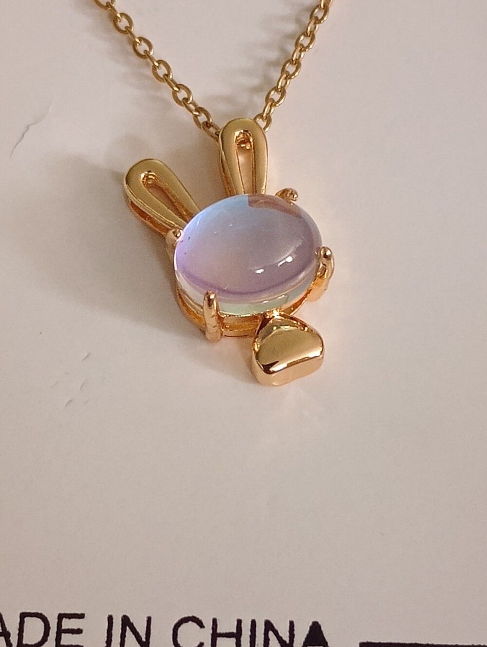 Fashion Jewelry Gold Bunny Necklace with Opalescent Blue Stone - Picture 6 of 11